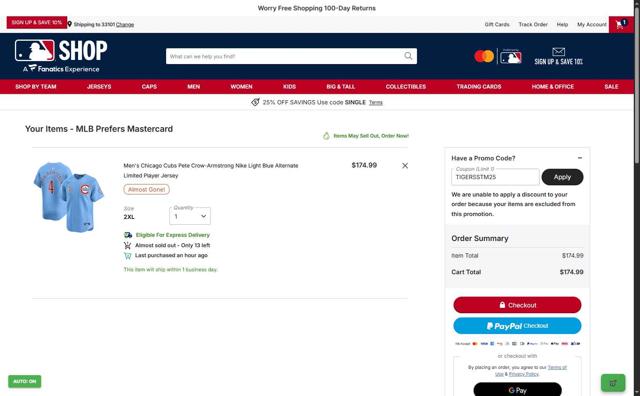 Chicago Cubs checkout page showing Chicago Cubs promo code box | Screenshot taken by SimplyCodes community member on Oct 5, 2025