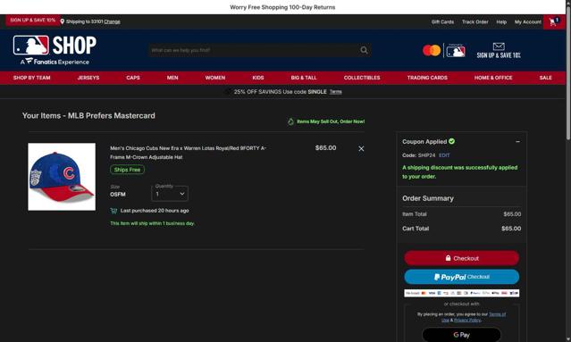 Chicago Cubs checkout page showing Chicago Cubs promo code box | Screenshot taken by SimplyCodes community member on Oct 5, 2025
