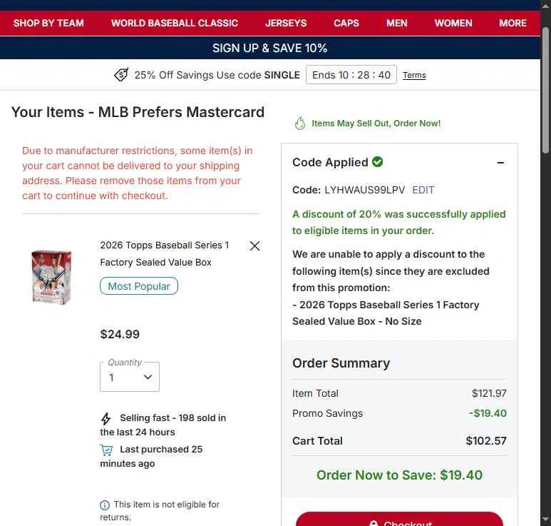 Chicago Cubs checkout page showing Chicago Cubs promo code box | Screenshot taken by SimplyCodes community member on Feb 24, 2026