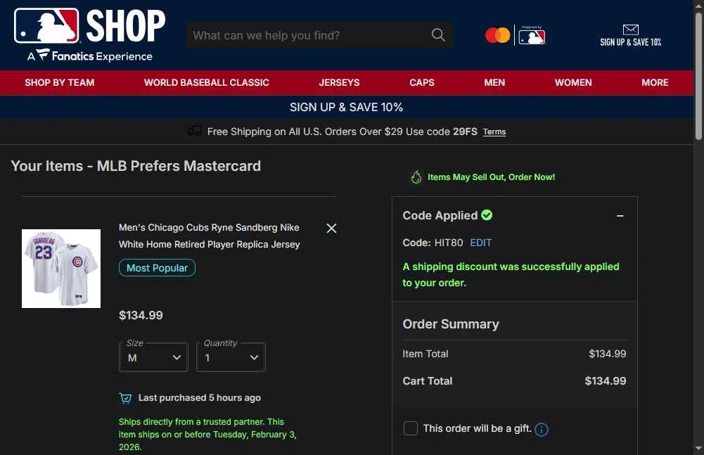 Chicago Cubs checkout page showing Chicago Cubs promo code box | Screenshot taken by SimplyCodes community member on Jan 19, 2026