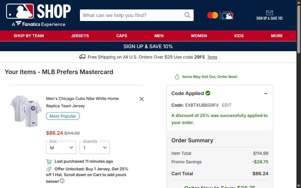 Chicago Cubs checkout page showing Chicago Cubs promo code box | Screenshot taken by SimplyCodes community member on Jan 12, 2026