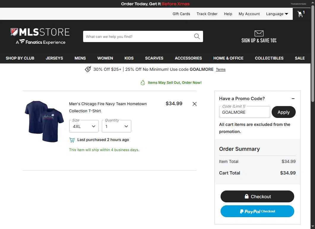 Chicago Fire checkout page showing Chicago Fire promo code box | Screenshot taken by SimplyCodes community member on Dec 16, 2025