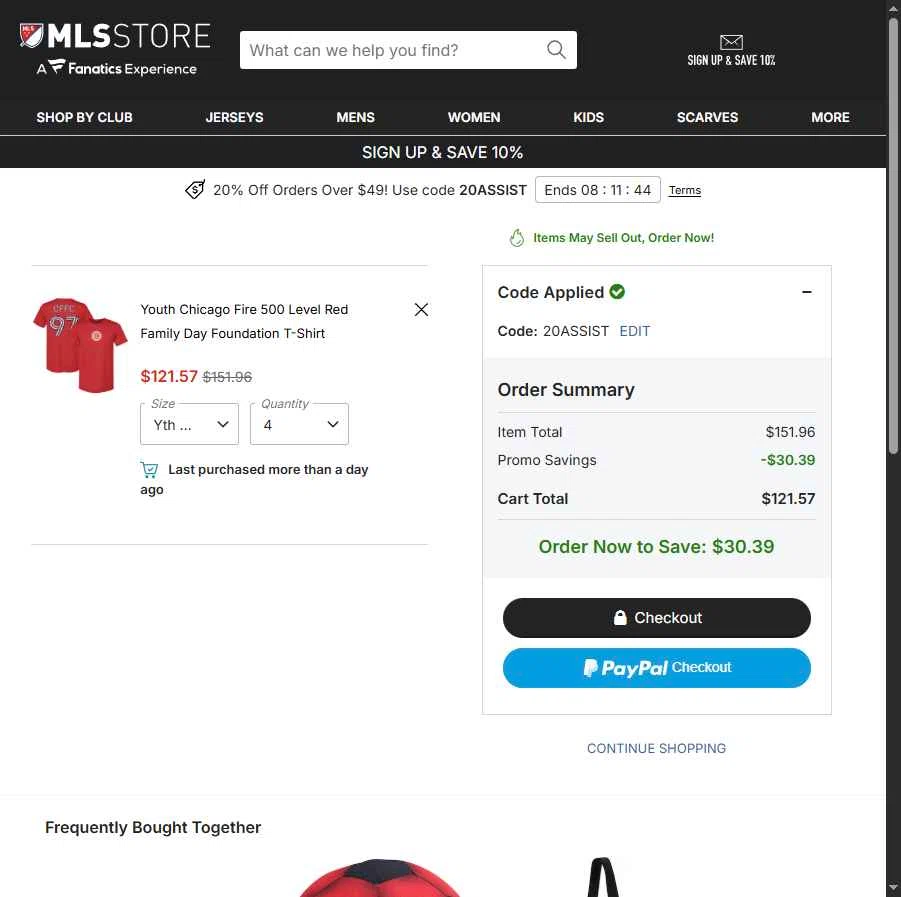 Chicago Fire checkout page showing Chicago Fire promo code box | Screenshot taken by SimplyCodes community member on Jan 10, 2026