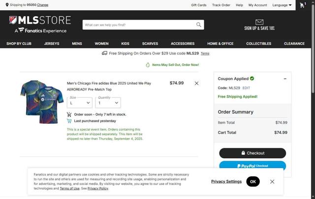 Chicago Fire checkout page showing Chicago Fire promo code box | Screenshot taken by SimplyCodes community member on Aug 7, 2025