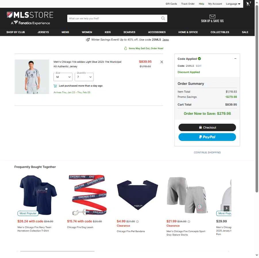 Chicago Fire checkout page showing Chicago Fire promo code box | Screenshot taken by SimplyCodes community member on Dec 24, 2025