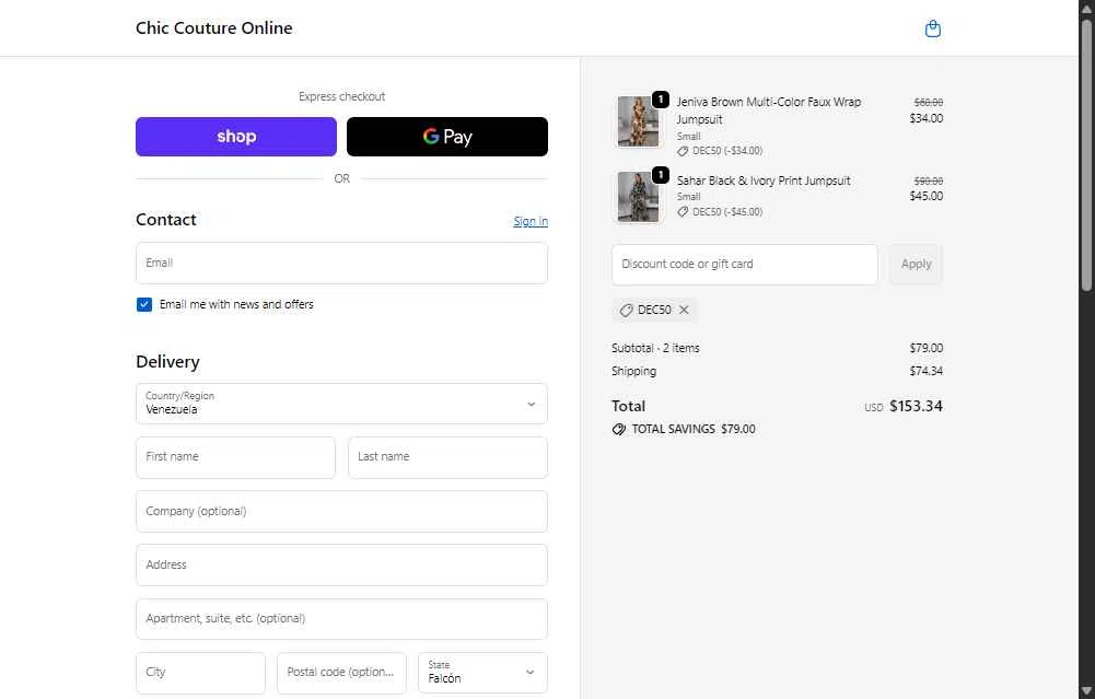 Chic Couture Online checkout page showing Chic Couture Online promo code box | Screenshot taken by SimplyCodes community member on Dec 13, 2025