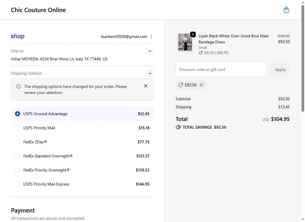 Chic Couture Online checkout page showing Chic Couture Online promo code box | Screenshot taken by SimplyCodes community member on Dec 20, 2025
