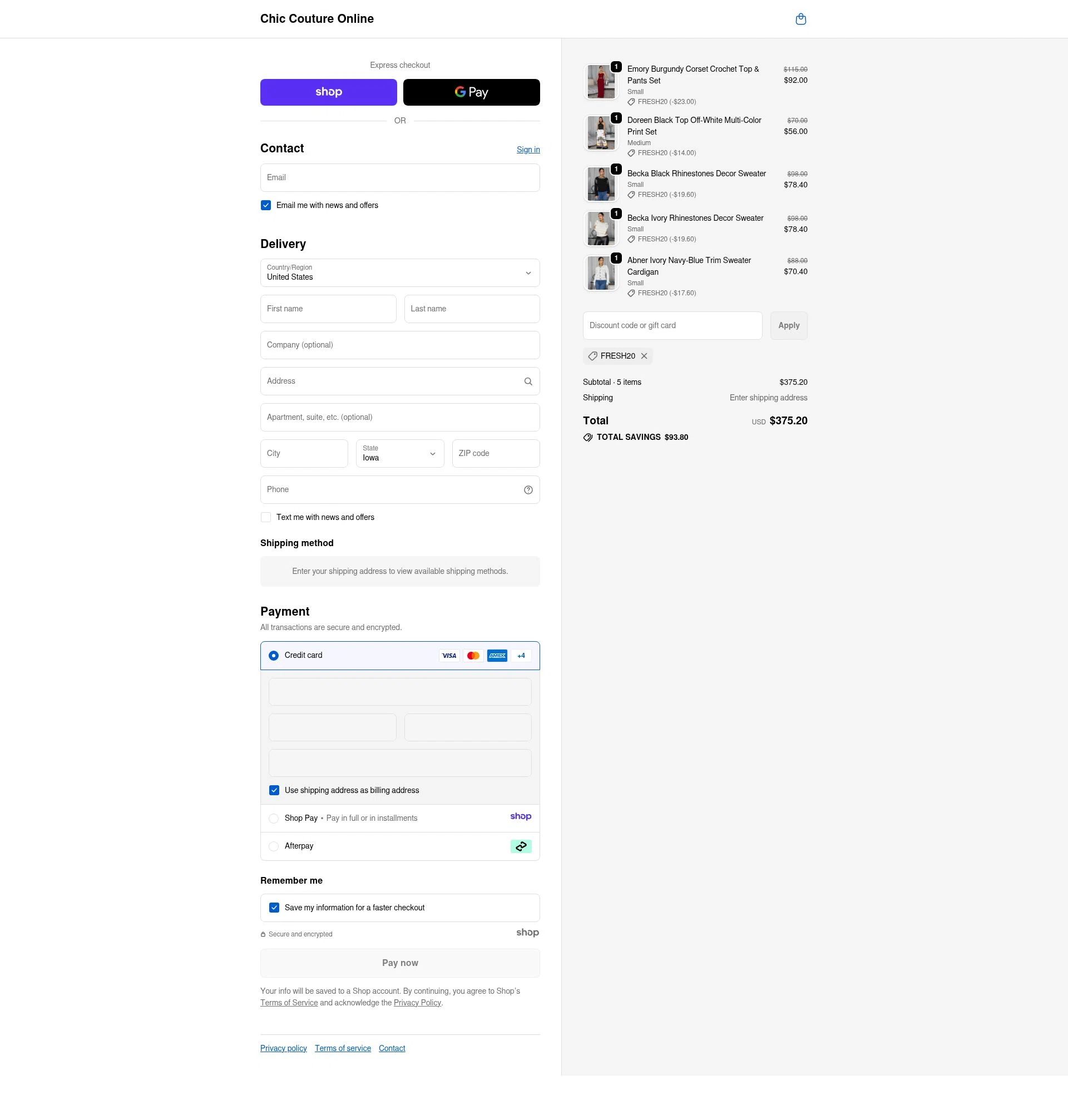 Chic Couture Online checkout page showing Chic Couture Online promo code box | Screenshot taken by SimplyCodes community member on Dec 13, 2025
