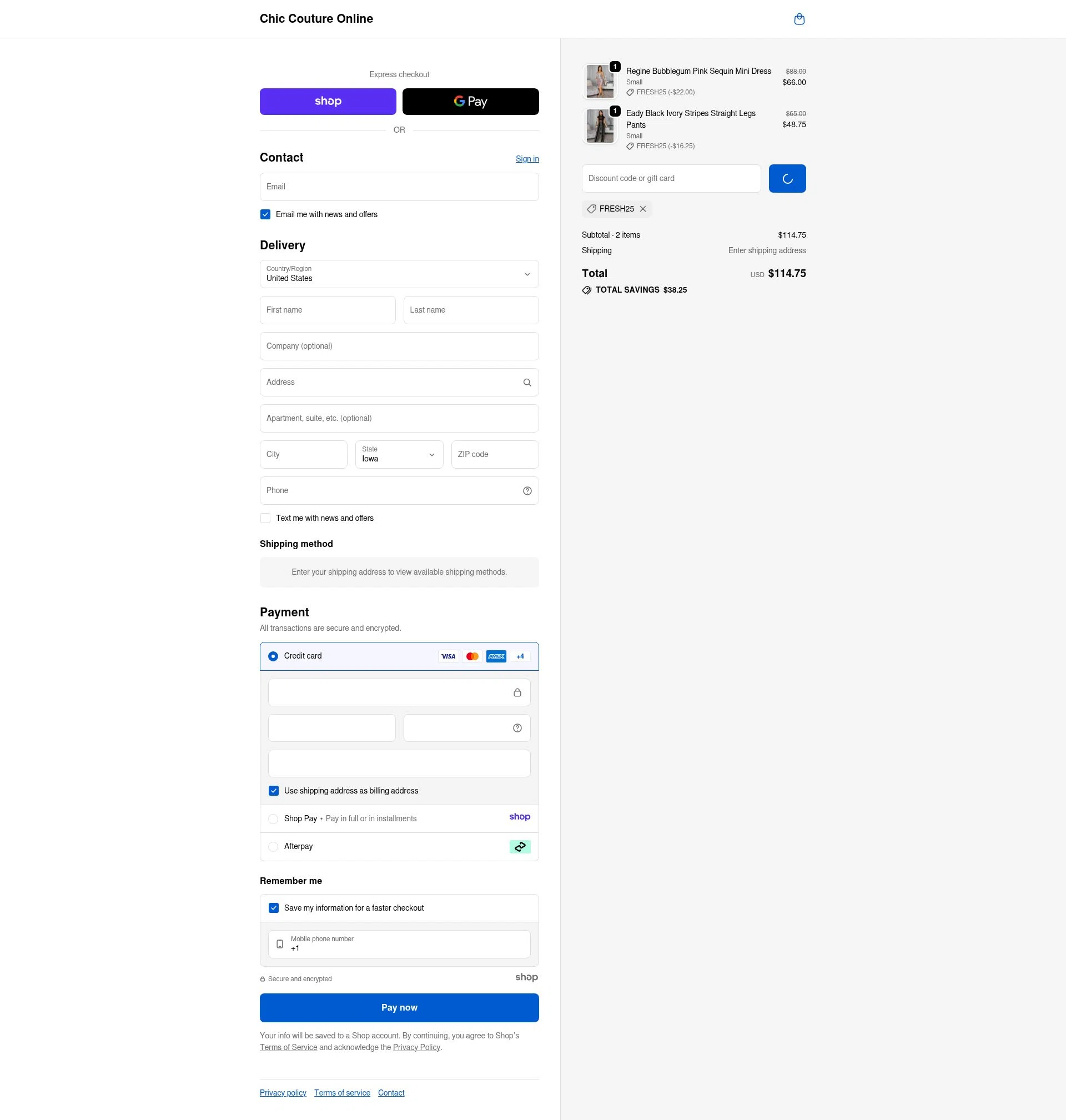 Chic Couture Online checkout page showing Chic Couture Online promo code box | Screenshot taken by SimplyCodes community member on Dec 30, 2025