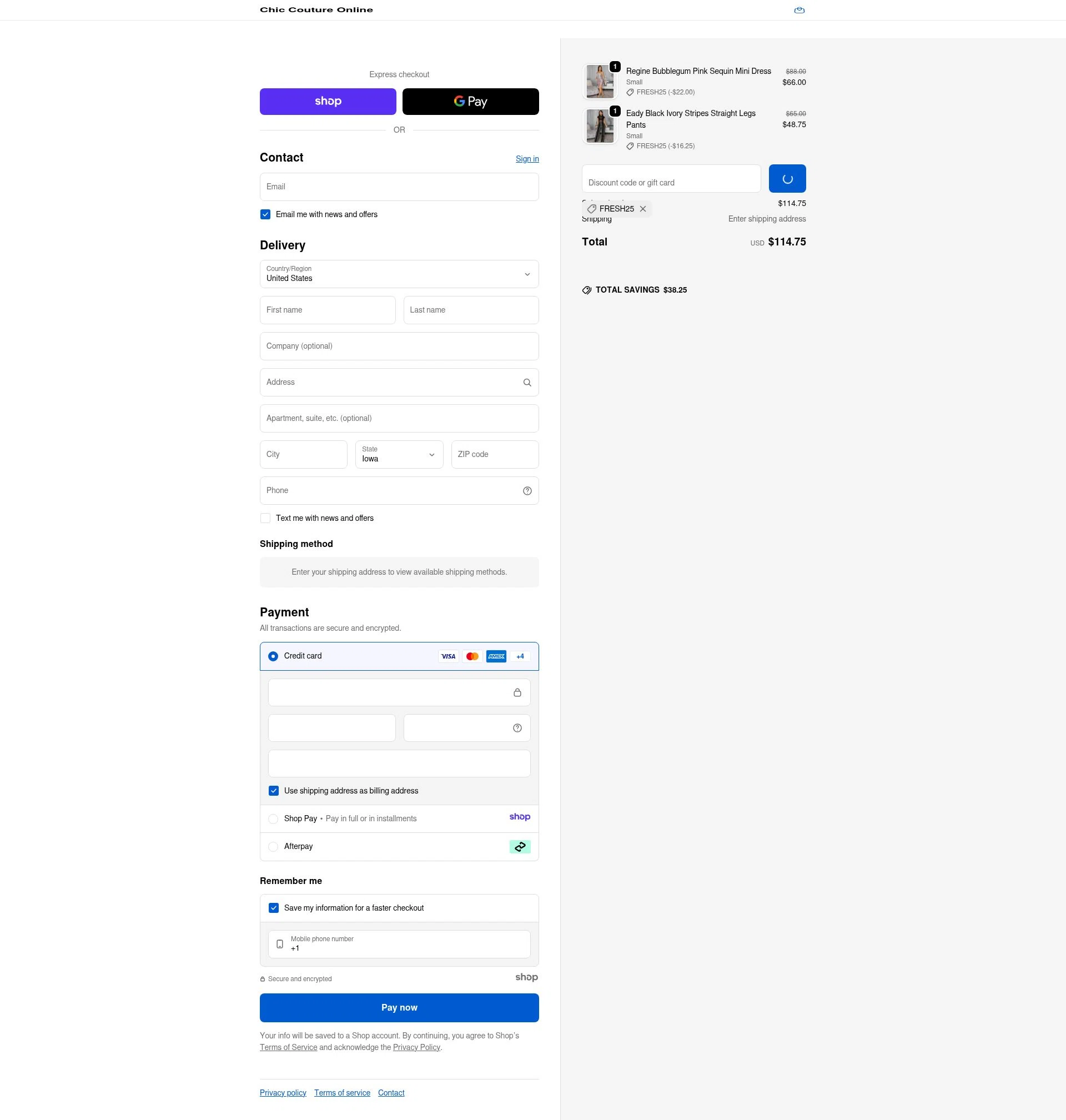 Chic Couture Online checkout page showing Chic Couture Online promo code box | Screenshot taken by SimplyCodes community member on Dec 20, 2025