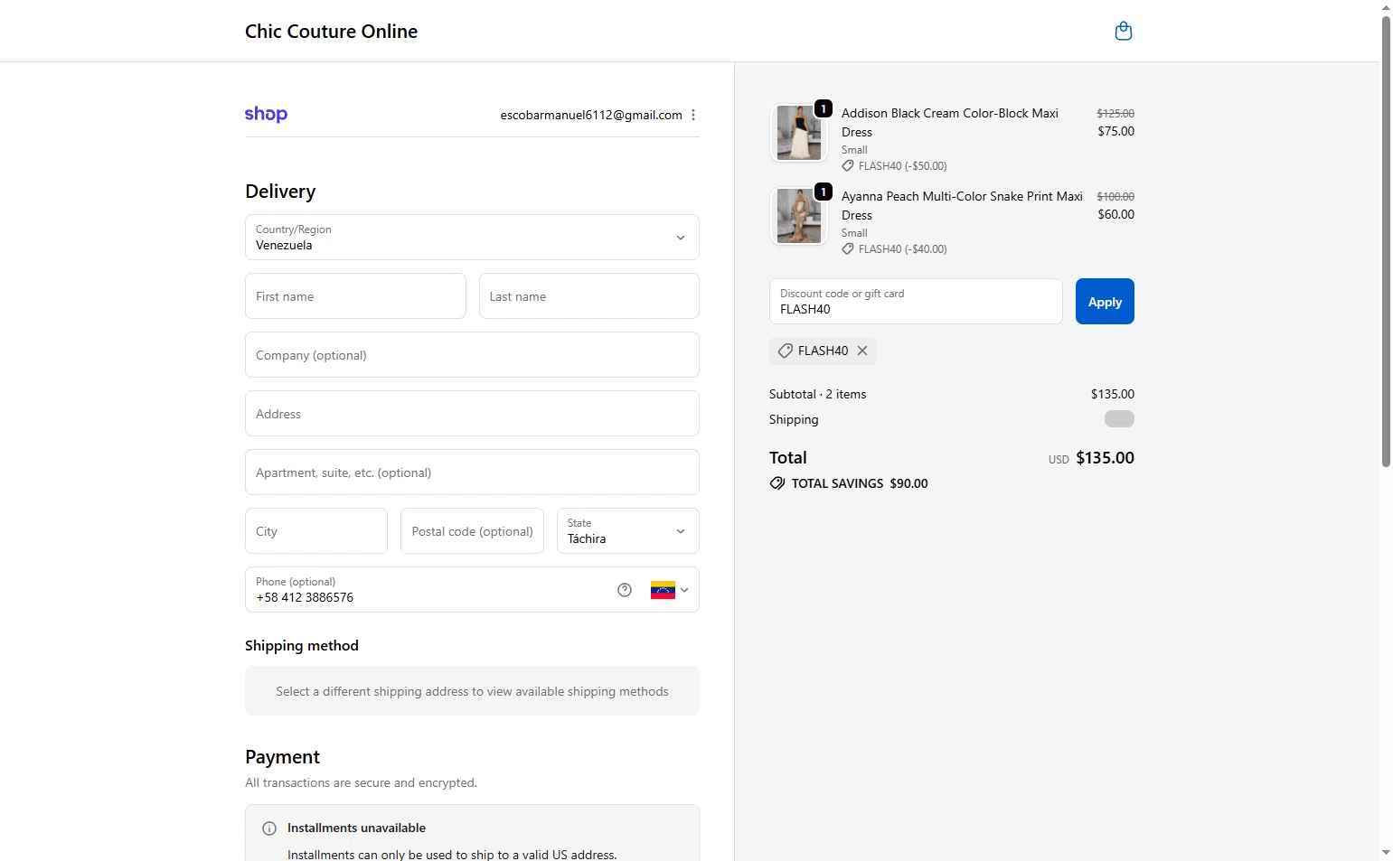 Chic Couture Online checkout page showing Chic Couture Online promo code box | Screenshot taken by SimplyCodes community member on Dec 10, 2025
