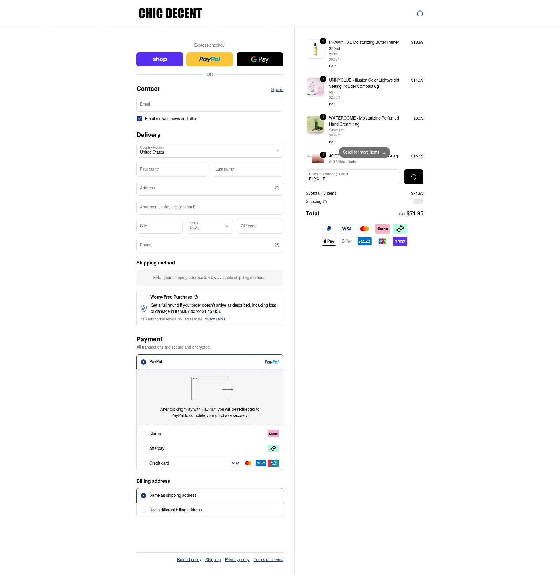 Chic Decent checkout page showing Chic Decent promo code box | Screenshot taken by SimplyCodes community member on Jan 15, 2026