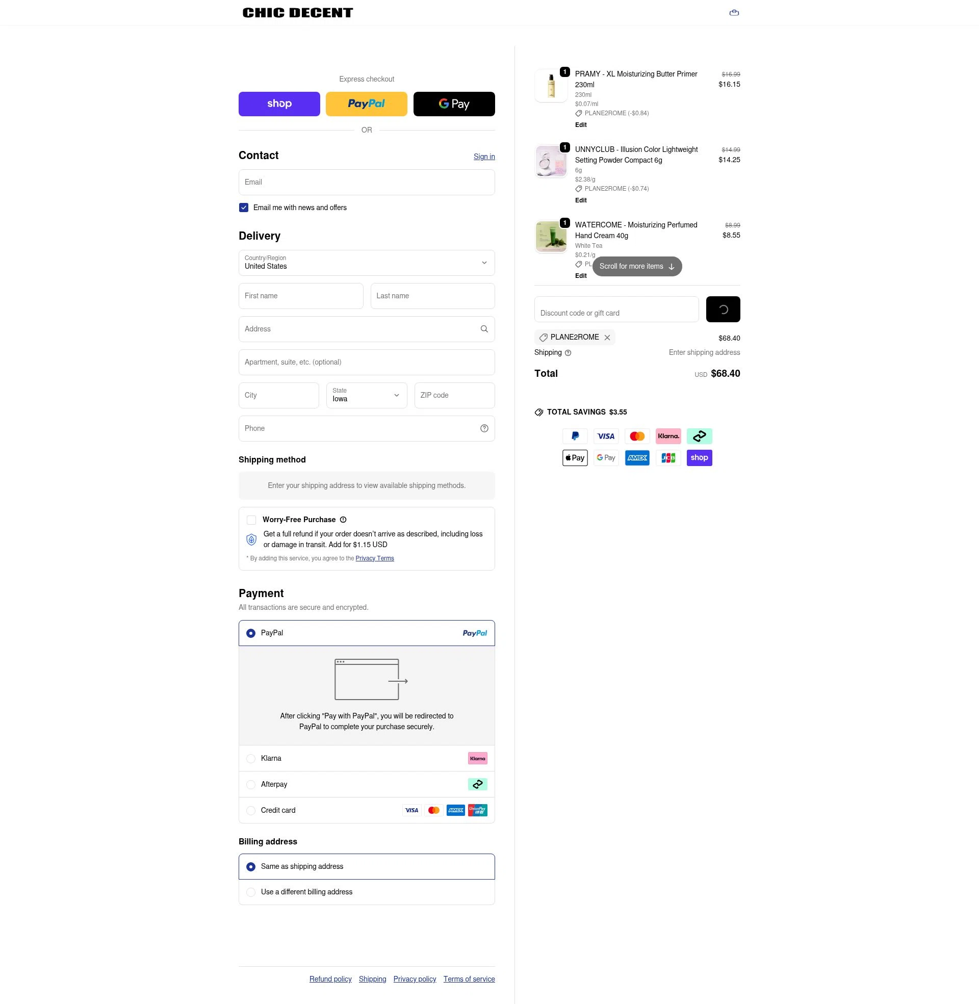 Chic Decent checkout page showing Chic Decent promo code box | Screenshot taken by SimplyCodes community member on Jan 15, 2026