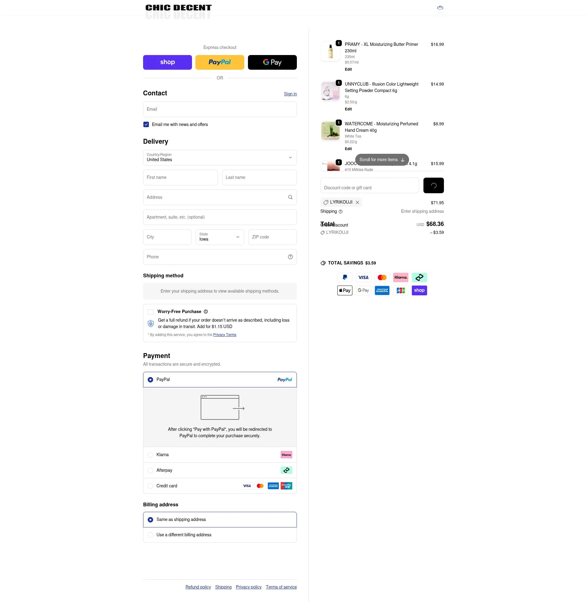 Chic Decent checkout page showing Chic Decent promo code box | Screenshot taken by SimplyCodes community member on Jan 15, 2026