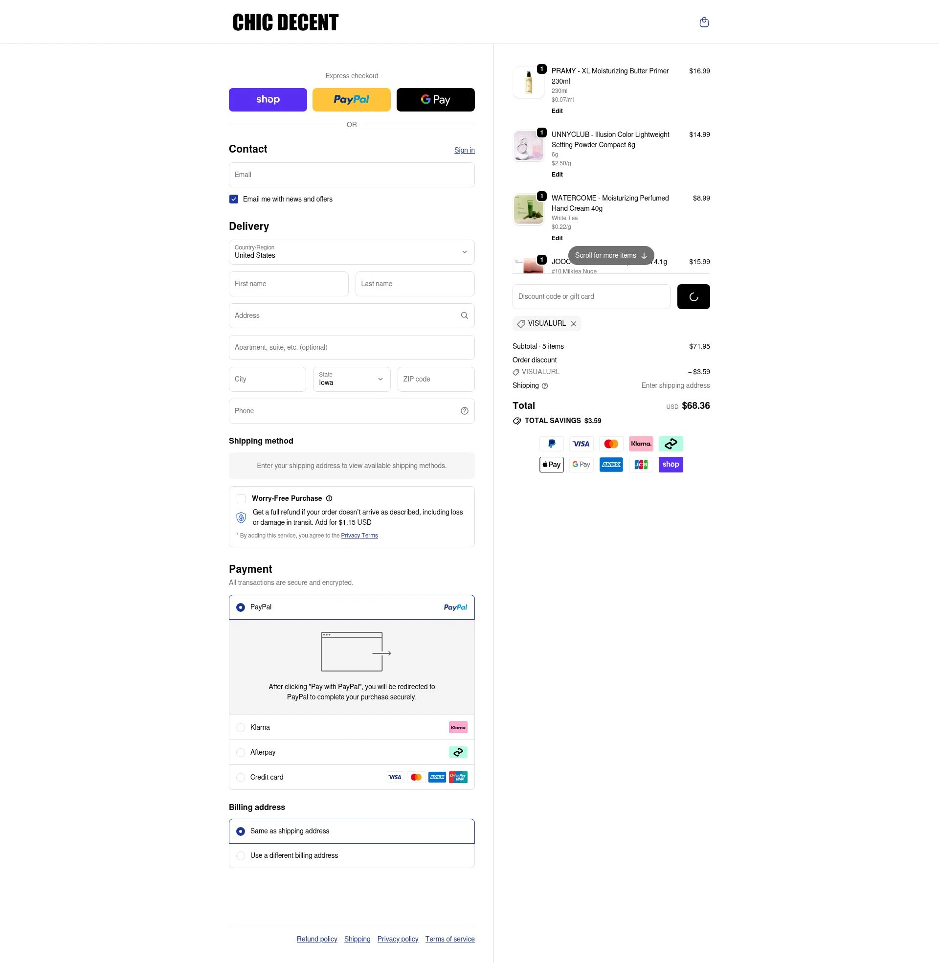 Chic Decent checkout page showing Chic Decent promo code box | Screenshot taken by SimplyCodes community member on Jan 15, 2026