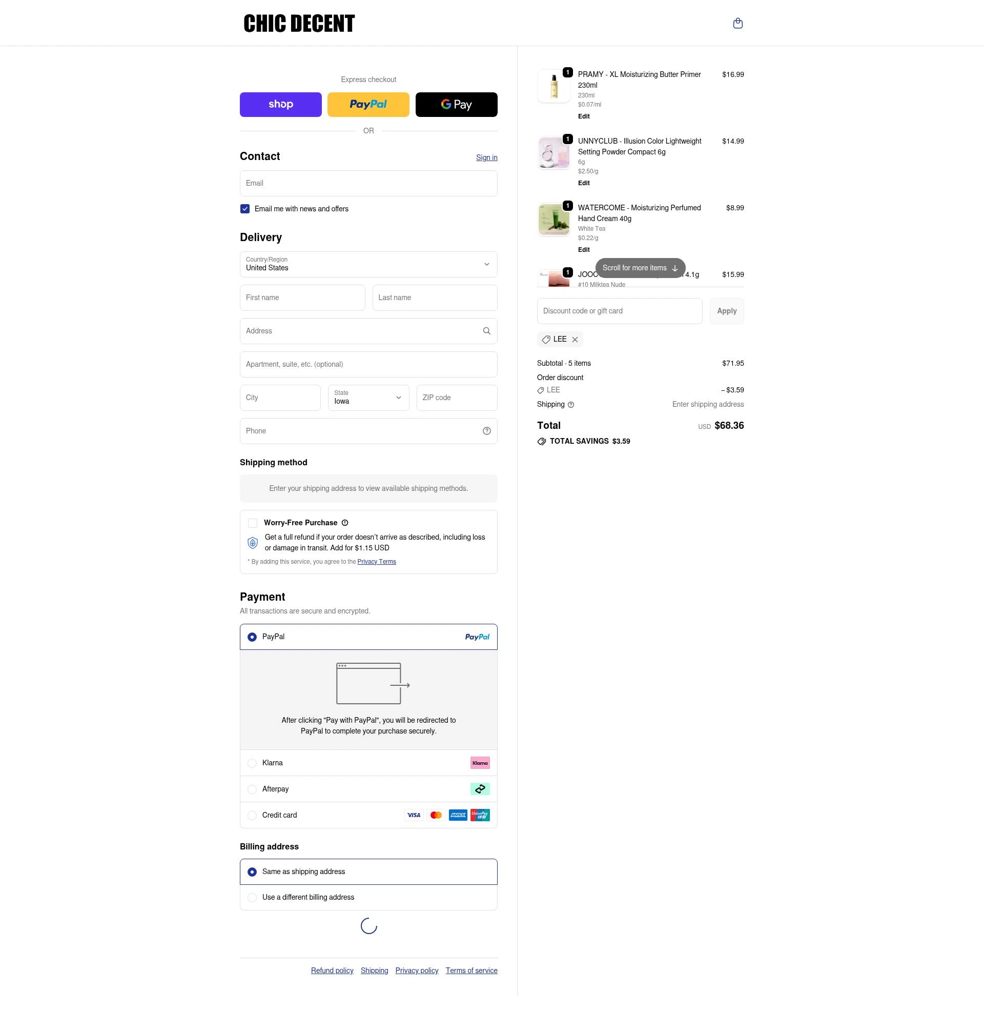 Chic Decent checkout page showing Chic Decent promo code box | Screenshot taken by SimplyCodes community member on Jan 15, 2026