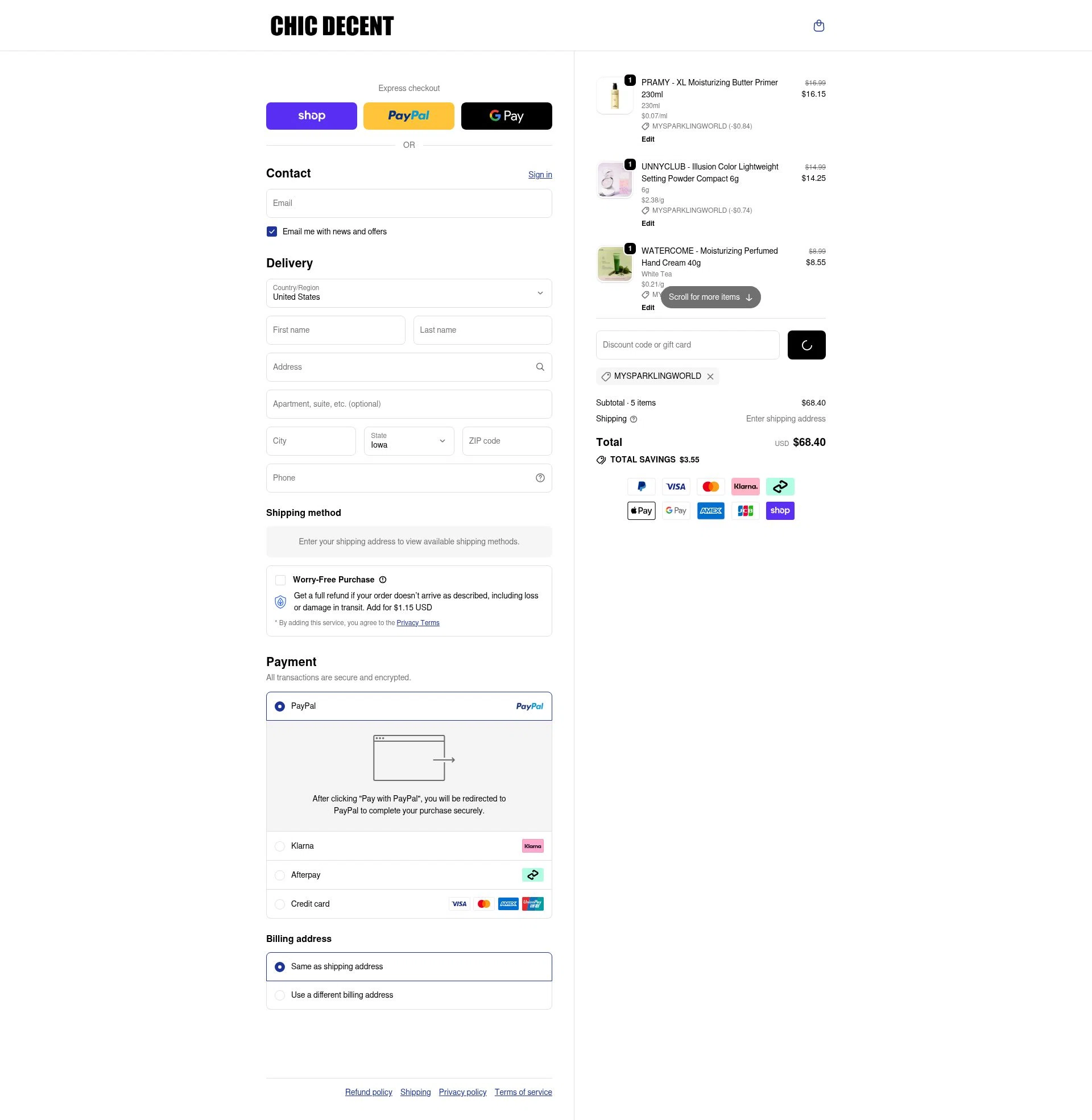 Chic Decent checkout page showing Chic Decent promo code box | Screenshot taken by SimplyCodes community member on Jan 15, 2026