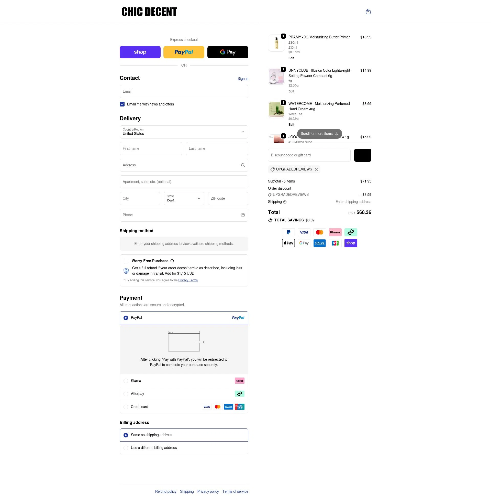 Chic Decent checkout page showing Chic Decent promo code box | Screenshot taken by SimplyCodes community member on Jan 15, 2026