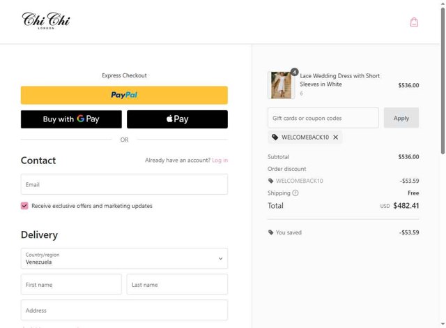 Chi Chi London checkout page showing Chi Chi London promo code box | Screenshot taken by SimplyCodes community member on Jul 29, 2025