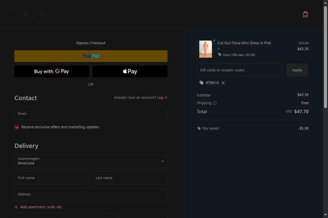 Chi Chi London checkout page showing Chi Chi London promo code box | Screenshot taken by SimplyCodes community member on Aug 28, 2025