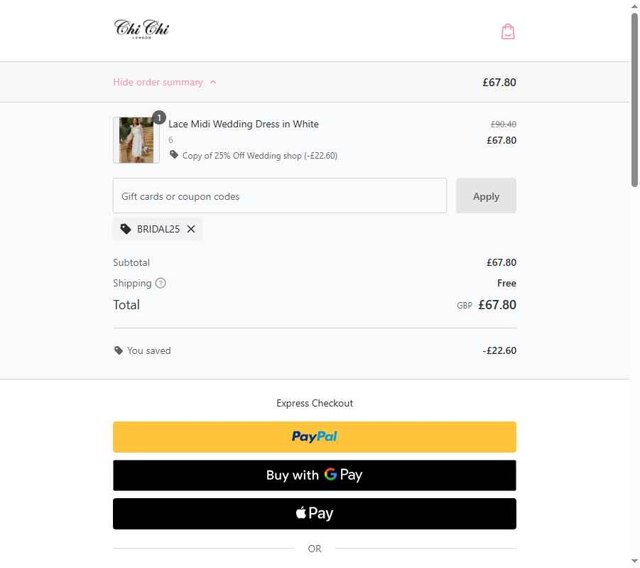 Chi Chi London checkout page showing Chi Chi London promo code box | Screenshot taken by SimplyCodes community member on Jun 21, 2025