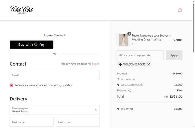 Chi Chi London checkout page showing Chi Chi London promo code box | Screenshot taken by SimplyCodes community member on Jul 6, 2025