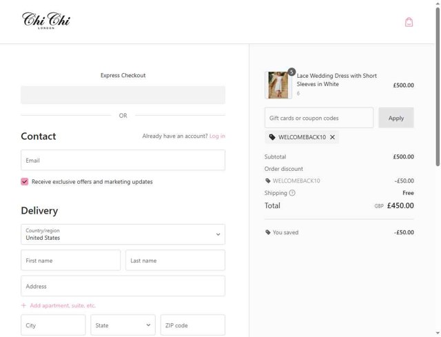 Chi Chi London checkout page showing Chi Chi London promo code box | Screenshot taken by SimplyCodes community member on Jun 30, 2025