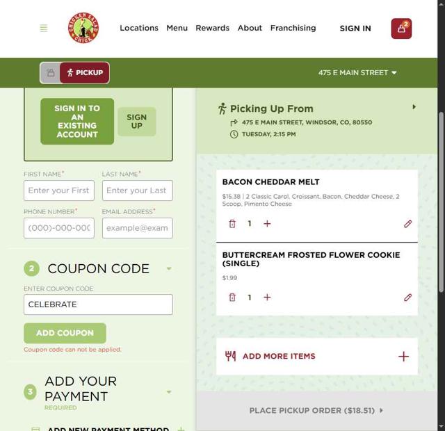 Chicken Salad Chick checkout page showing Chicken Salad Chick coupon code box | Screenshot taken by SimplyCodes community member on May 12, 2025