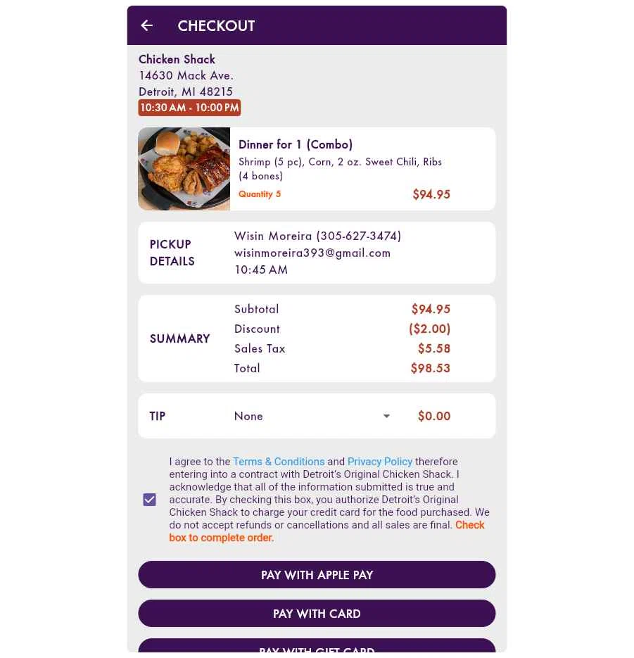 Chicken Shack checkout page showing Chicken Shack promo code box | Screenshot taken by SimplyCodes community member on Jun 7, 2025