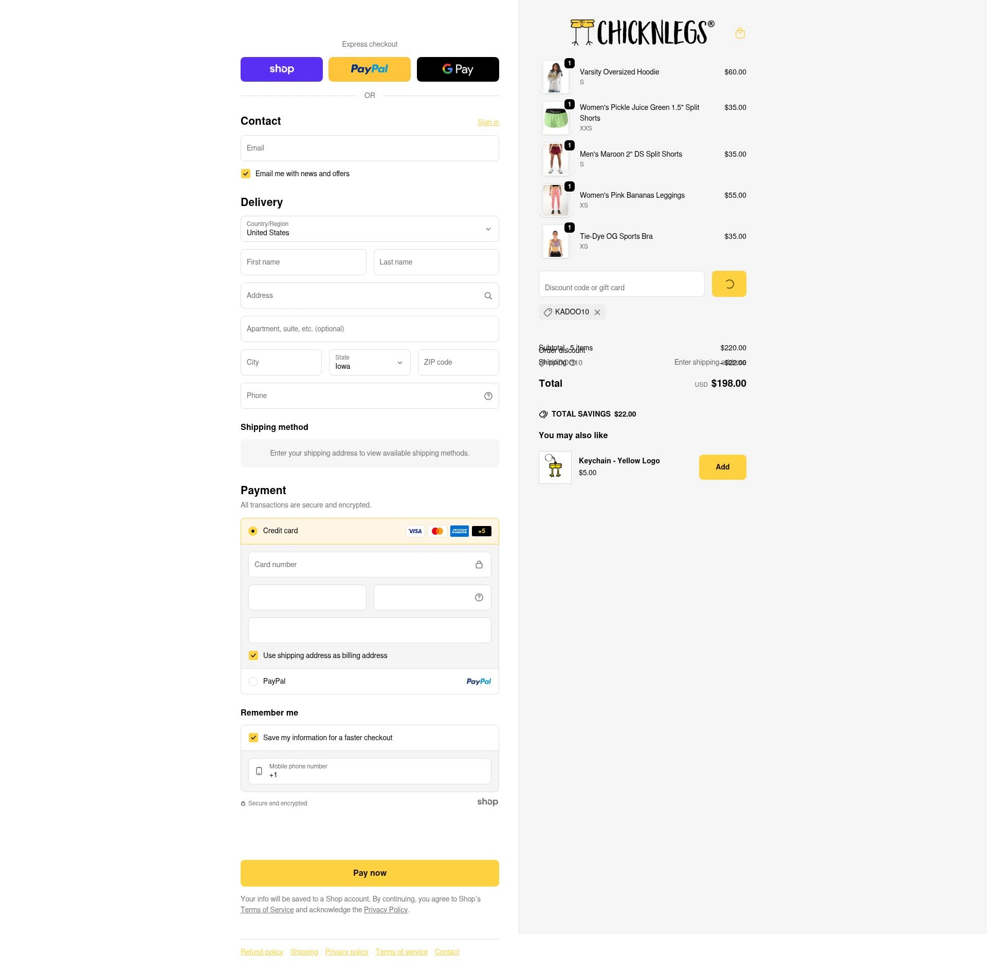 ChicknLegs checkout page showing ChicknLegs discount code box | Screenshot taken by SimplyCodes community member on Dec 29, 2025