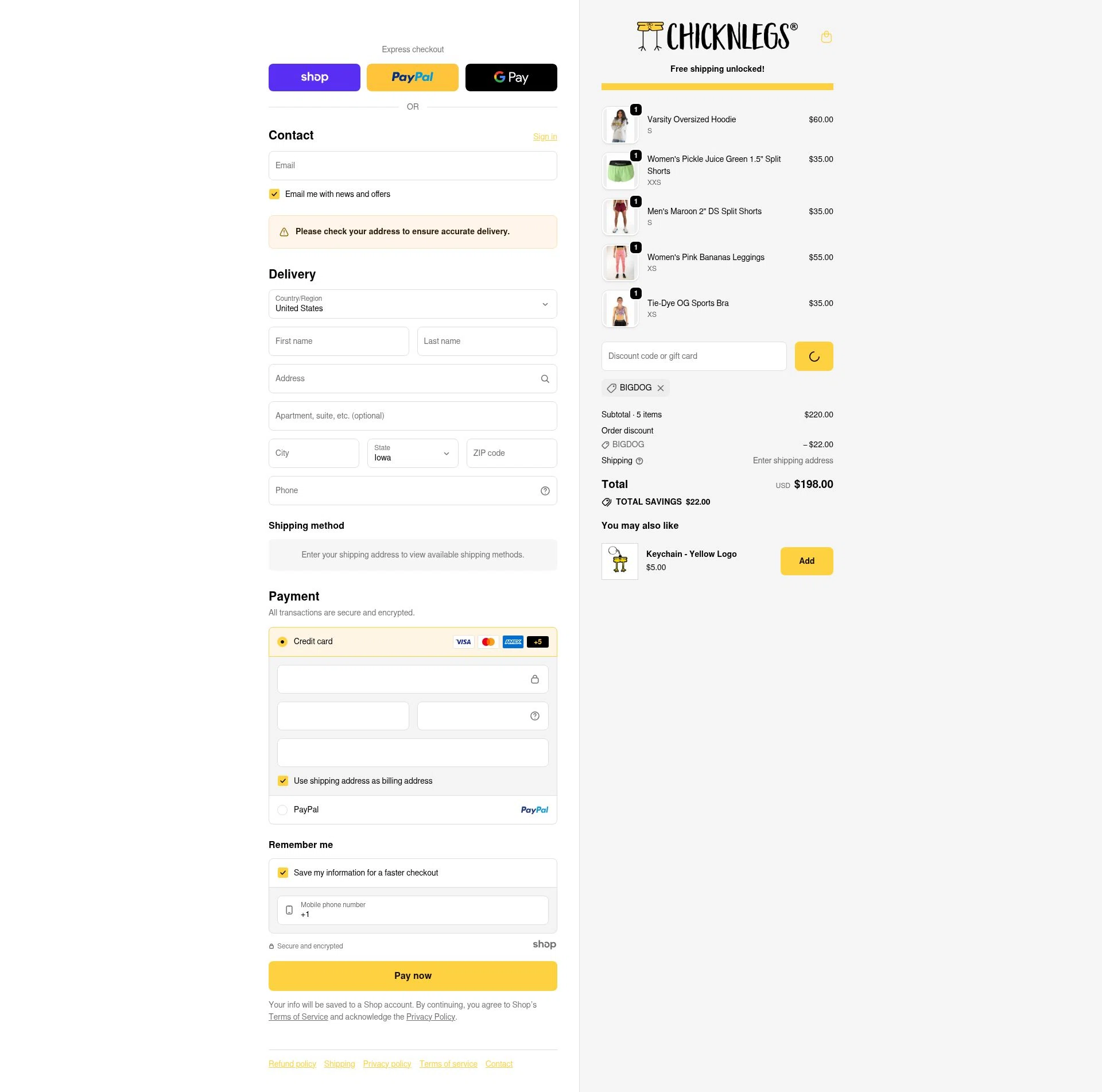 ChicknLegs checkout page showing ChicknLegs discount code box | Screenshot taken by SimplyCodes community member on Dec 29, 2025