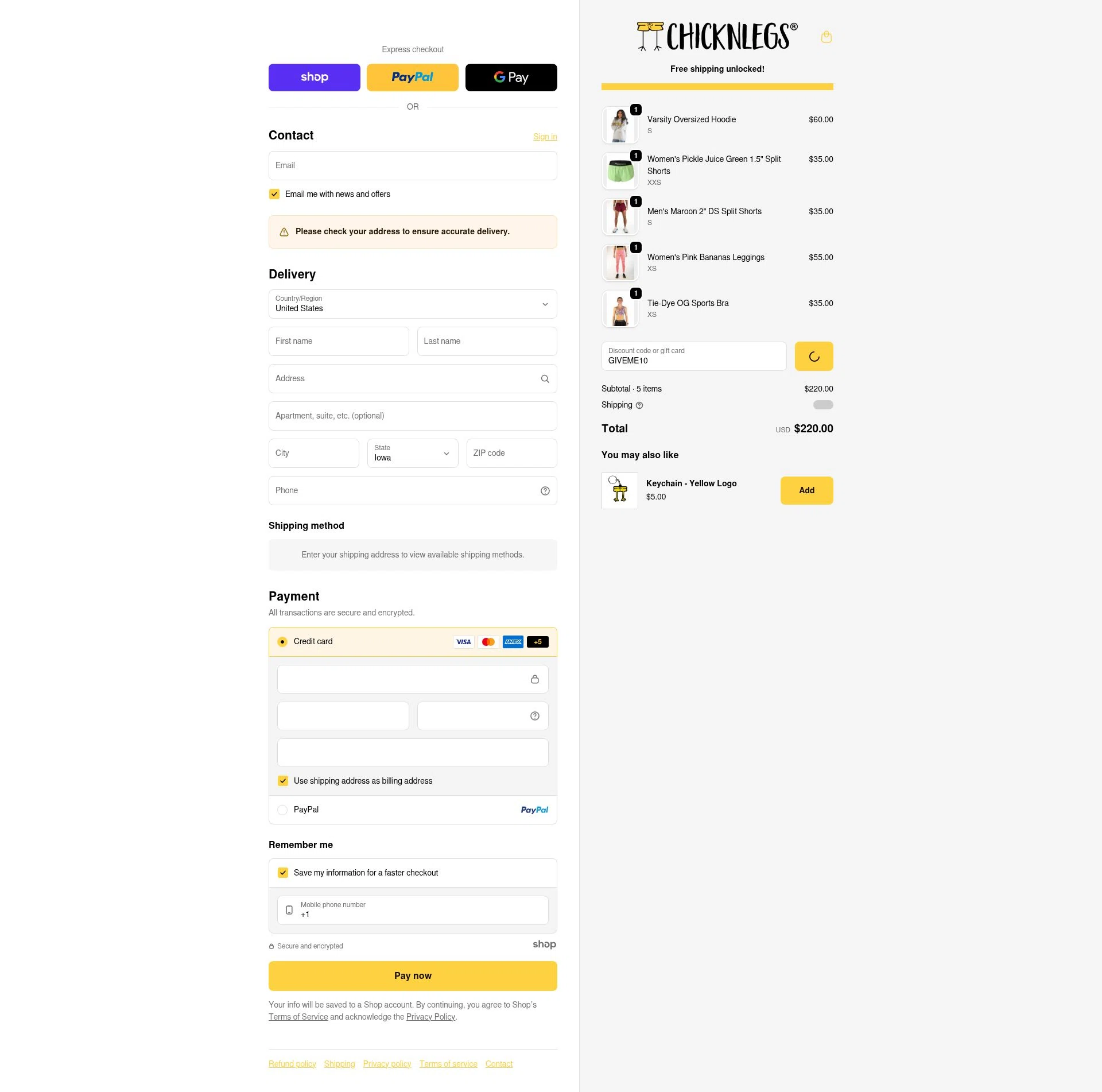 ChicknLegs checkout page showing ChicknLegs discount code box | Screenshot taken by SimplyCodes community member on Dec 29, 2025