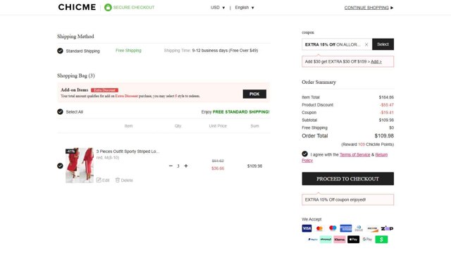 ChicMe checkout page showing ChicMe coupon code box | Screenshot taken by SimplyCodes community member on Aug 28, 2025