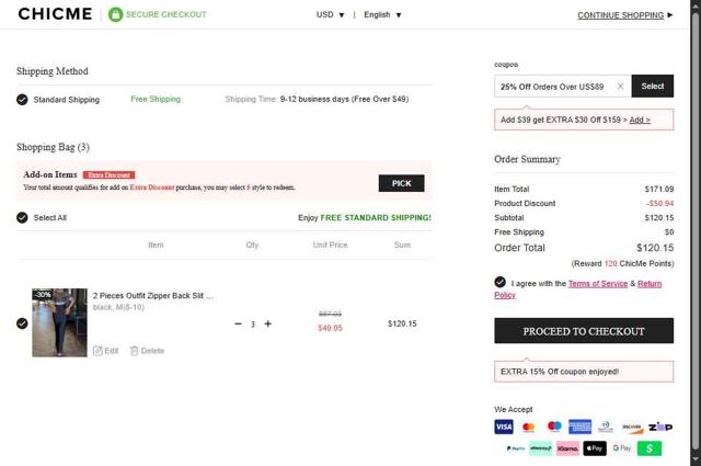 ChicMe checkout page showing ChicMe coupon code box | Screenshot taken by SimplyCodes community member on Sep 1, 2025