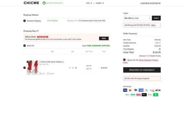 ChicMe checkout page showing ChicMe coupon code box | Screenshot taken by SimplyCodes community member on Aug 26, 2025