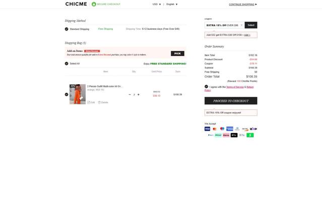 ChicMe checkout page showing ChicMe coupon code box | Screenshot taken by SimplyCodes community member on Sep 5, 2025