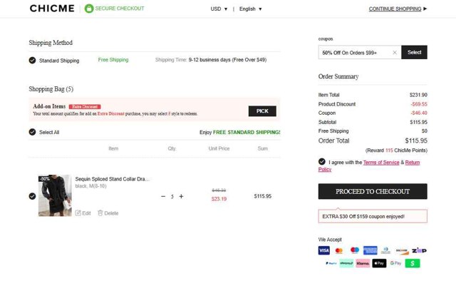 ChicMe checkout page showing ChicMe coupon code box | Screenshot taken by SimplyCodes community member on Aug 26, 2025