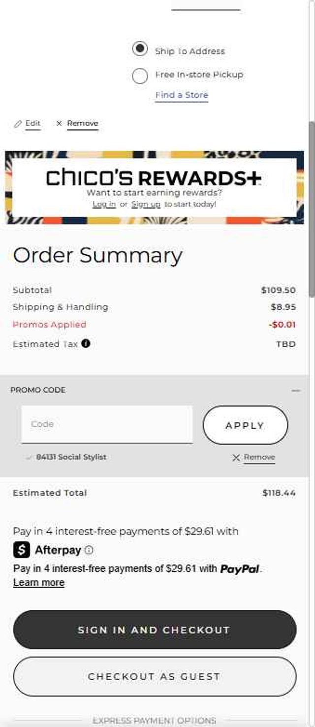 Chico's checkout page showing Chico's promo code box | Screenshot taken by SimplyCodes community member on Jul 23, 2025