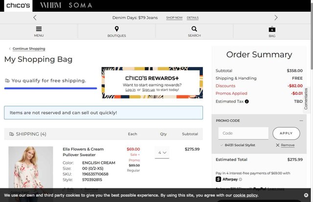 Chico's checkout page showing Chico's promo code box | Screenshot taken by SimplyCodes community member on Aug 21, 2025