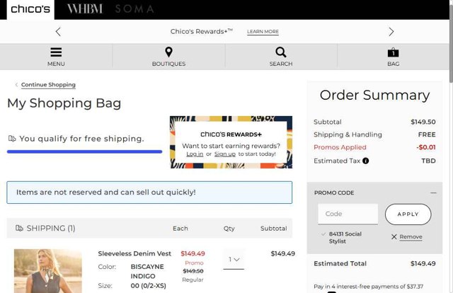 Chico's checkout page showing Chico's promo code box | Screenshot taken by SimplyCodes community member on Jul 23, 2025
