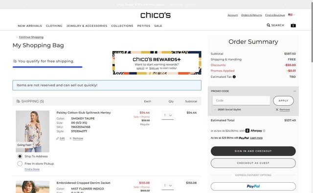 Chico's checkout page showing Chico's promo code box | Screenshot taken by SimplyCodes community member on Aug 5, 2025
