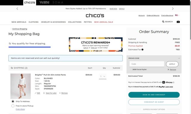 Chico's checkout page showing Chico's promo code box | Screenshot taken by SimplyCodes community member on Jul 18, 2025