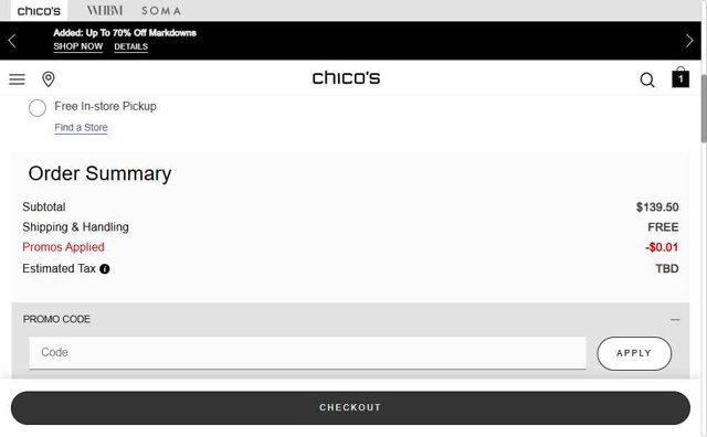Chico's checkout page showing Chico's promo code box | Screenshot taken by SimplyCodes community member on Jul 23, 2025