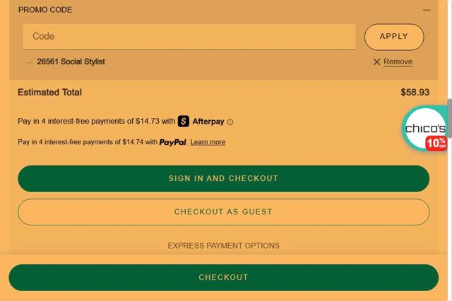 Chico's checkout page showing Chico's promo code box | Screenshot taken by SimplyCodes community member on Jul 27, 2025