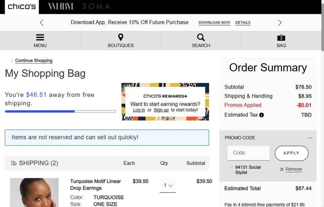 Chico's checkout page showing Chico's promo code box | Screenshot taken by SimplyCodes community member on Jul 23, 2025
