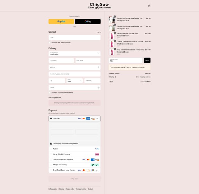 Chicsew checkout page showing Chicsew discount code box | Screenshot taken by SimplyCodes community member on Aug 23, 2025