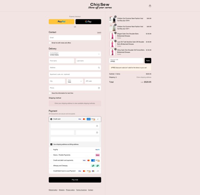 Chicsew checkout page showing Chicsew discount code box | Screenshot taken by SimplyCodes community member on Sep 4, 2025