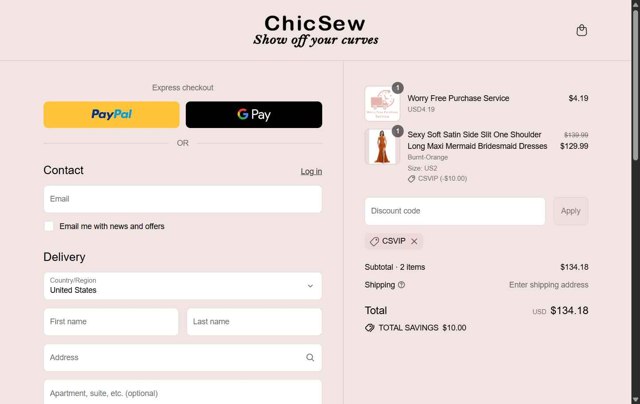 Chicsew checkout page showing Chicsew discount code box | Screenshot taken by SimplyCodes community member on Aug 27, 2025
