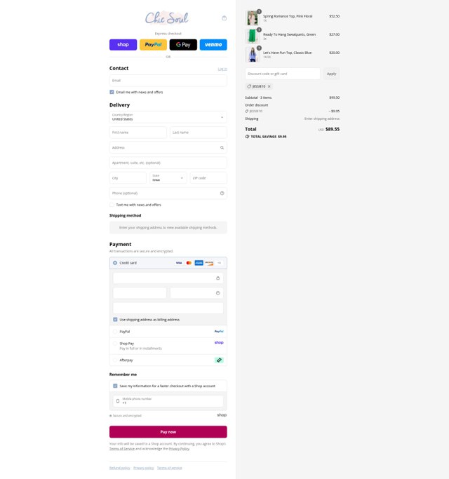 Chic Soul checkout page showing Chic Soul discount code box | Screenshot taken by SimplyCodes community member on Aug 29, 2025