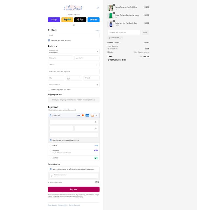 Chic Soul checkout page showing Chic Soul discount code box | Screenshot taken by SimplyCodes community member on Aug 29, 2025